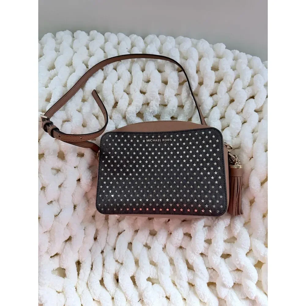 Michael Kors Ginny Medium Camera Star Bag Brown Gold  Crossbody